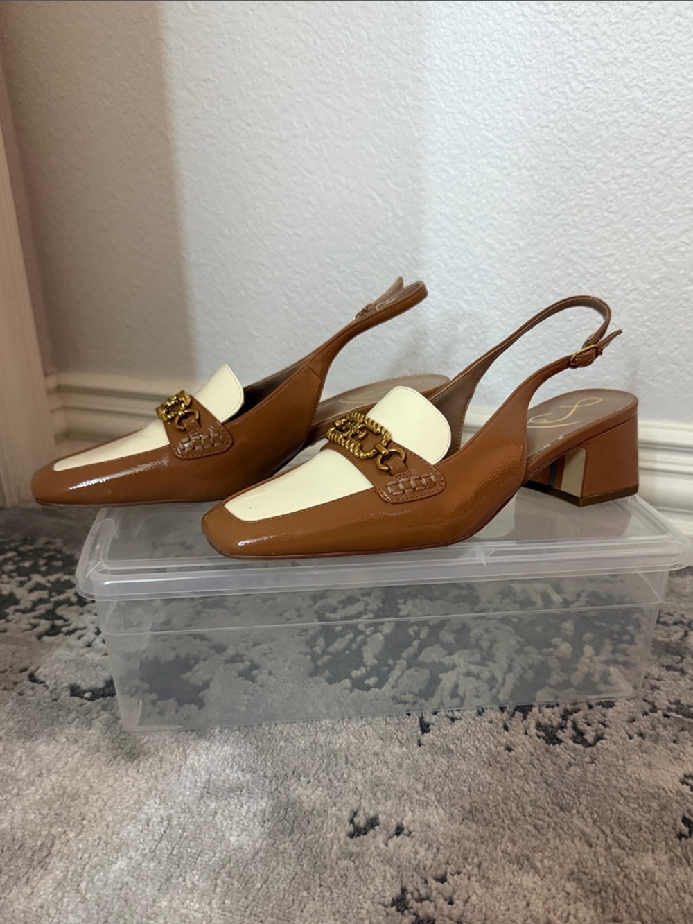 Sam Edelman Brown and Cream Two-Tone Slingback Mules with Chain Accent